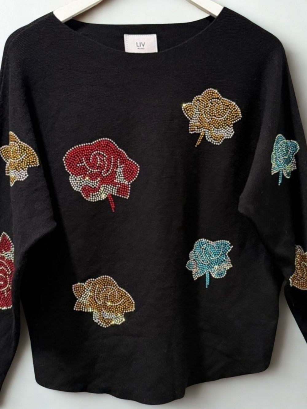 Black Sweater with Multicolor Rhinestone Roses - Picture 2 of 3